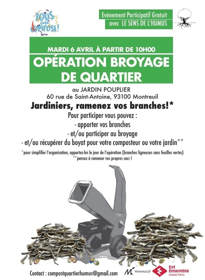 OPÉRATION BROYAGE DE QUARTIER AU JARDIN POUPLIER - MARDI 6 AVRIL 2021 À PARTIR DE 10H00 -  Merci d'apporter vos branchages le jour de l'opération, le mardi 6 avril 2021, à partir de 10h00......