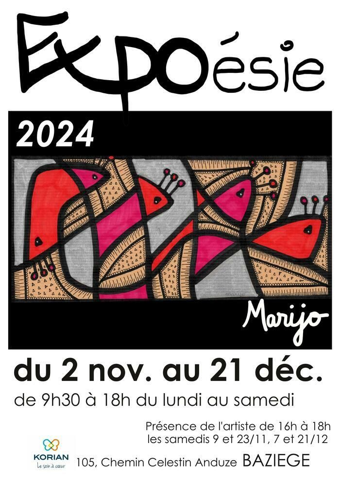 Marijo expose la diversité de ses créations : illustrations, toiles, photographies, haïkus, tableaux-poèmes... à la Maison de Retraite, jusqu'au 21 décembre