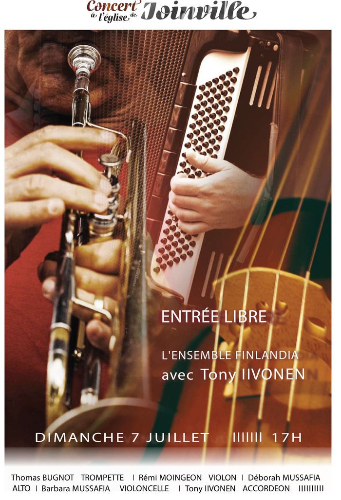 Beau concerts avec des musiciens professionnels (trompette, violon, alto, violoncelle et accordéon) avec Tony livonen : venez écouter du François Devienne, Jean-Sébastien Bach, Gabriel Fauré....