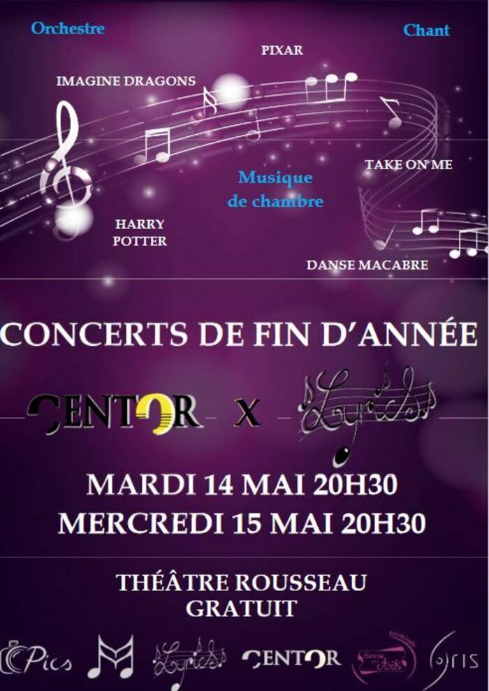 Les associations Centor (orchestre) et Lyrics (chorale) de CentraleSupélec vous invitent à leur concert de fin d'année. le mardi 14 et le mercredi 15 mai à 20h30 au théâtre Rousseau. Entrée gratuite