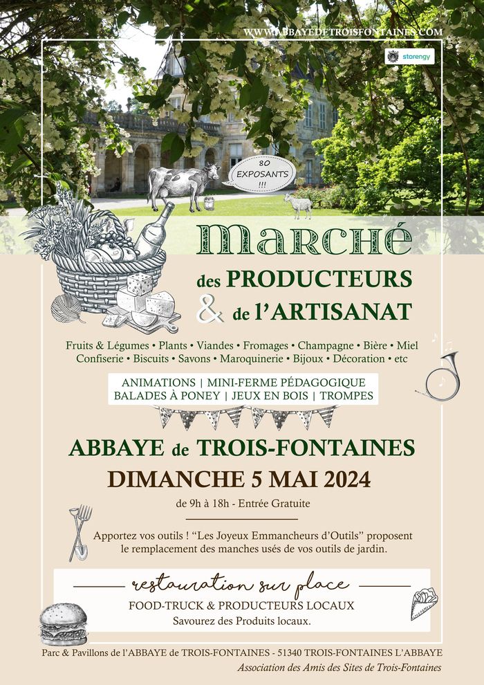 Marché des Producteurs et de l'Artisanat le Dimanche 5 mai 2024 de 9h à 18h à l’Abbaye de Trois-Fontaines. 80 exposants producteurs et artisans.