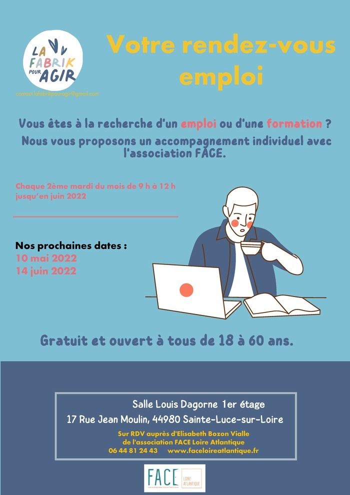 Vous êtes en recherche d'emploi ? FACE Loire Atlantique vous reçoit en RDV individuel à Ste Luce s/Loire, dans le cadre d'un entretien individuel pour faire le point sur votre projet professionnel.