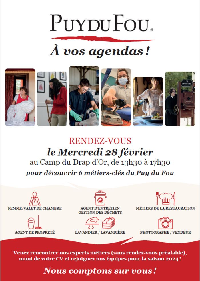 Nous organisons un jobdating au Puy du Fou pour vous faire rencontrer nos responsables. Six métiers indispensables au bon fonctionnement du parc seront représentés.