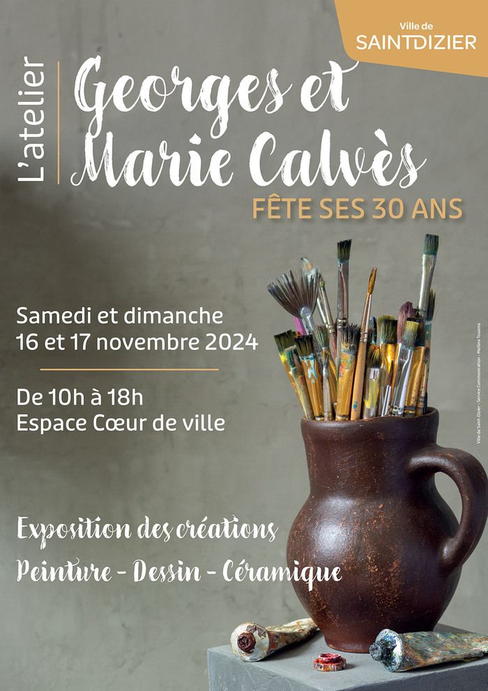 Exposition des créations de peinture, dessin, et céramique à l'occasion des 30 ans de l'atelier Georges et Marie Calvès. Samedi et dimanche, de 10h à 18h à l'Espace Cœur de Ville.