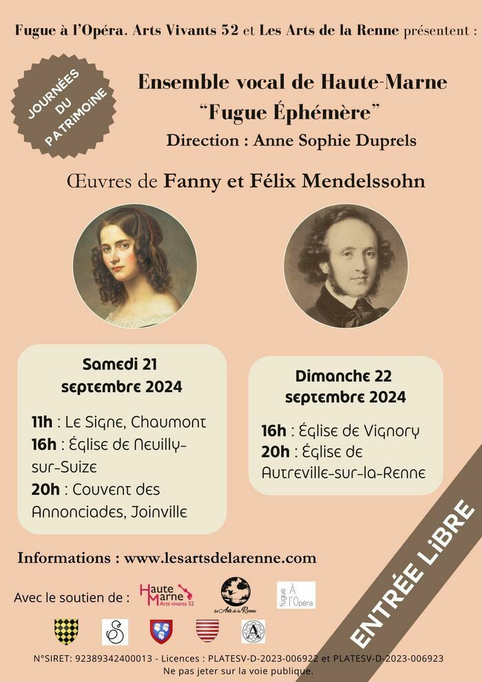 l'ensemble vocal de haute-marne "Fugue éphémère" propose un programme de musique a cappella de Fanny et Felix Mendelssohn , sous la direction de Anne Sophie Duprels