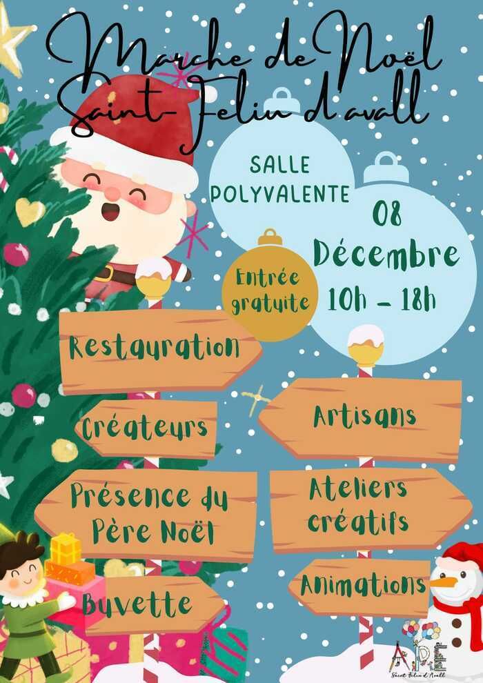 Marché de Noël avec artisans, buvette et restauration, activités pour les enfants et présence du père Noël.