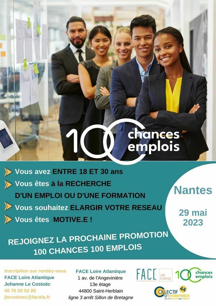 Vous êtes à la recherche d'un emploi et vous avez entre 18 et 30 ans. Vous souhaitez booster vos démarches ? Rejoignez la prochaine promo 100 Chances 100 Emplois à Nantes.