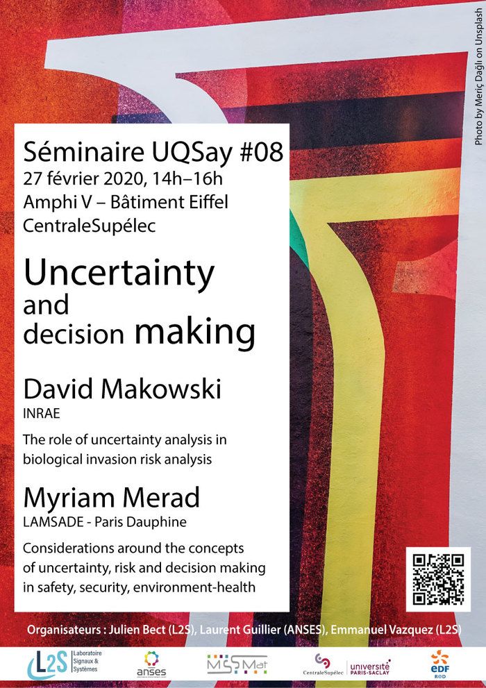 The eighth UQSay seminar on Uncertainty Quantification and related topics, organized by L2S, Anses, MSSMAT, and EDF R&D will take place on Thursday afternoon, February 27, 2020, at CentraleSupelec.