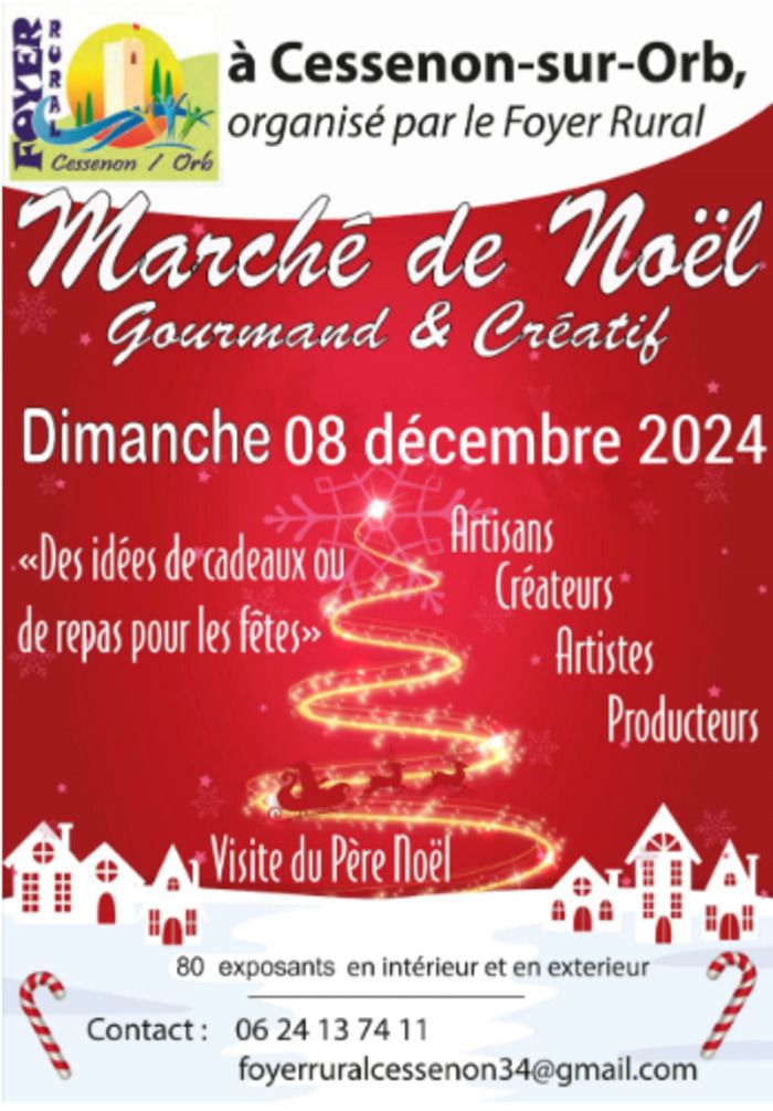 Marché de Noël – gourmand et créatif 80 exposants En intérieur et extérieur – artisans, créateurs, artistes, producteurs Pour les enfants : Visite du Père Noël Organisé par le Foyer Rural