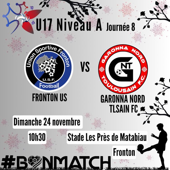 Venez voir nos U17 jouer contre l'équipe de Garonna Nord Toulousain ! Dimanche à 10h30 !!