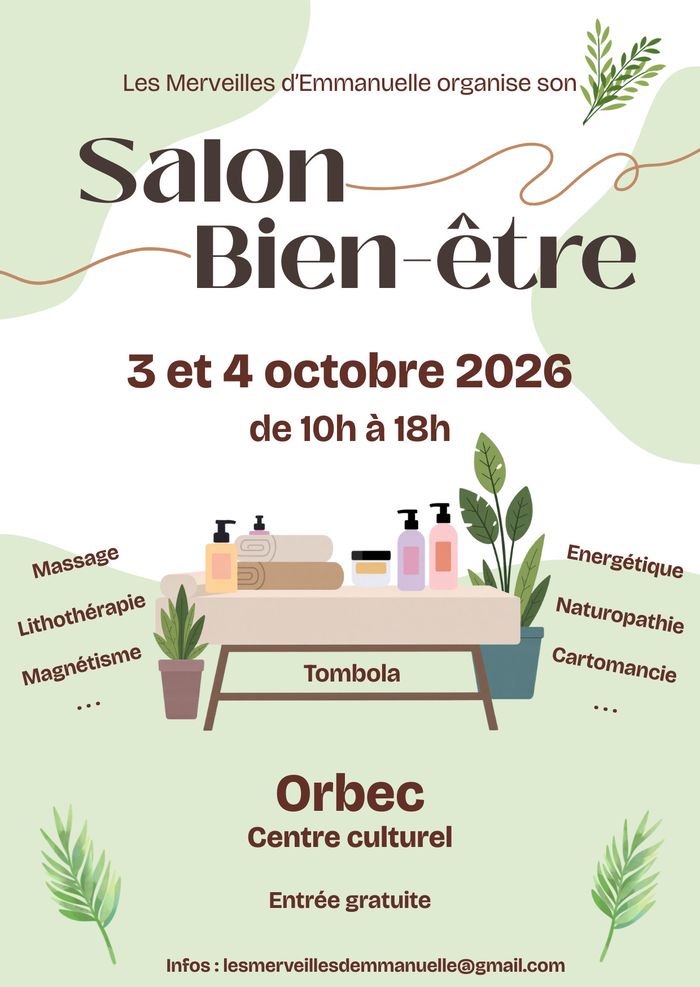 Le salon du&nbsp;Bien-être d'Orbec arrive !  Rendez-vous les 3 et 4 octobre, de 10h à 18h, au Centre Culturel d'Orbec  Venez découvrir, échanger et prendre soin de vous  25 exposants. Entrée gratuite