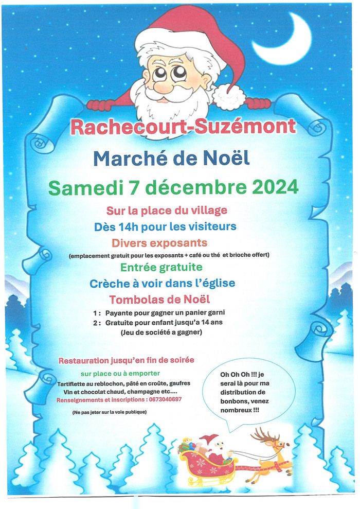 Venez découvrir le marché de Noël de Rachecourt-Suzémont le samedi 7 décembre 2024 à partir de 14h, avec des exposants, une crèche dans l’église et une tombola.