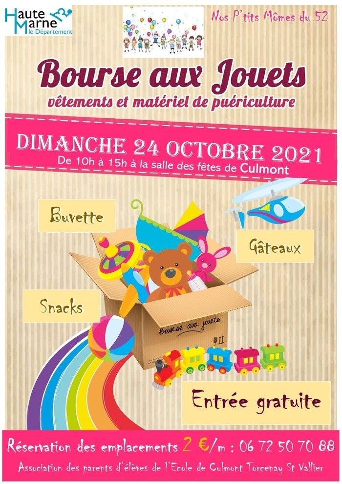 L'association de parents d'élèves Nos P'tits Mômes du 52 vous propose une bourse aux jouets le dimanche 24 octobre 2021 de 10h à 15h. Les exposants peuvent s'inscrirent au 06 72 50 70 88.