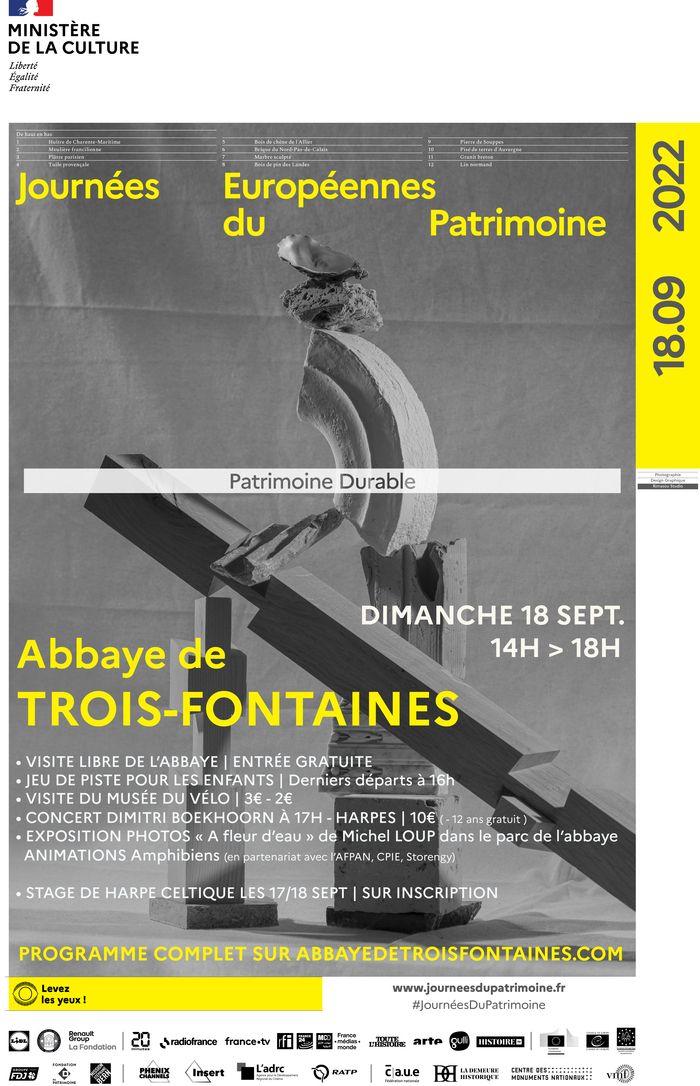 Dans le cadre des Journées du Patrimoine, Dim. 18 sept. à l'Abbaye de Trois-Fontaines : Visite de l’abbaye et Jeu de piste pour les enfants. Visite du Musée du Vélo. Exposition Photos. Concert.