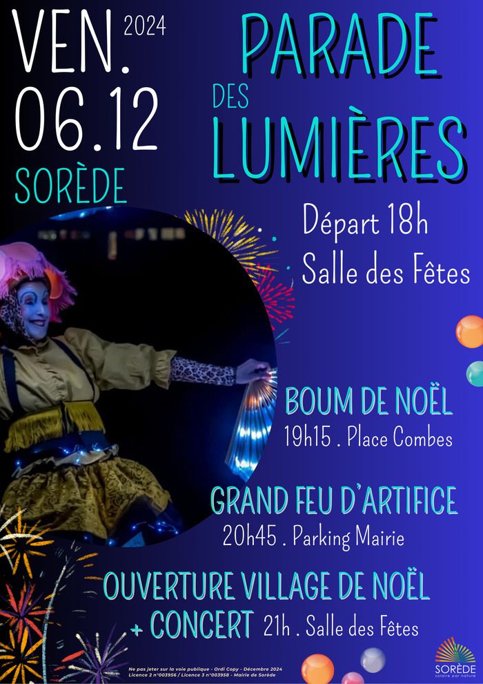 Parade des lumières à Sorède le 6 décembre 2024 avec déambulation dans le village pour illuminer les rues, suivi d'une boum de Noël et du grand feu d'artifice.