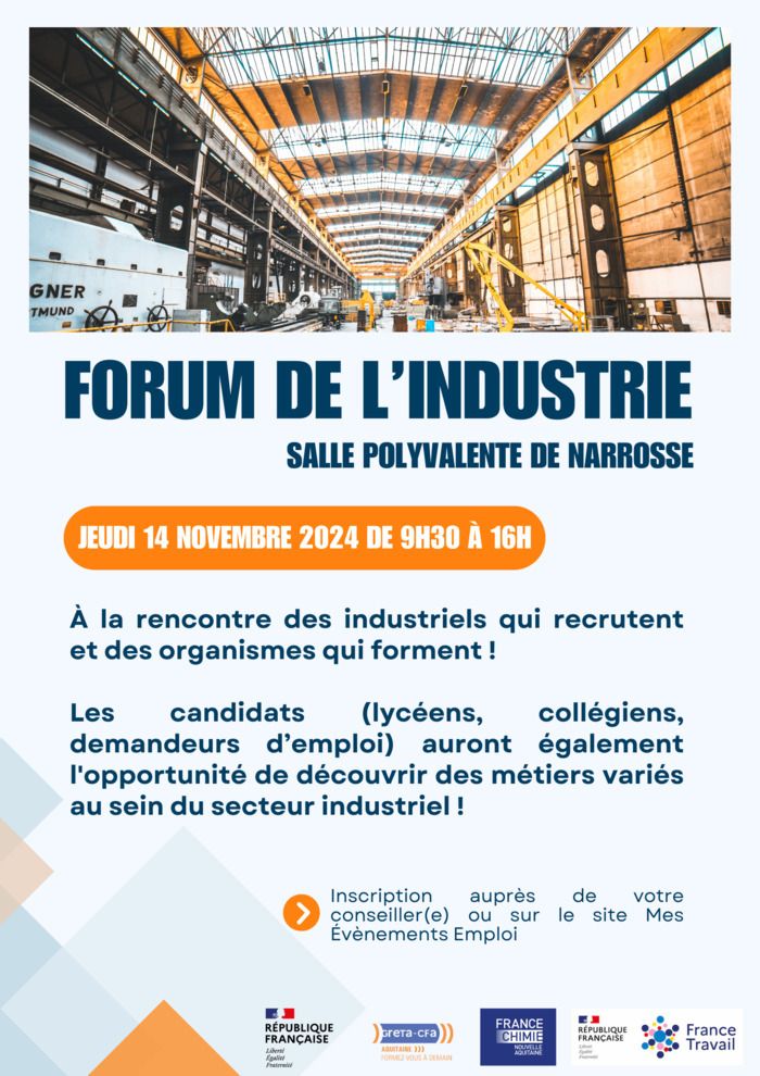 Panorama de l'industrie locale Sud Landes. Venez découvrir les entreprises industrielles qui recrutent et les organismes qui forment ! Evénement ouvert aux collégiens, lycées et demandeurs d'emploi.