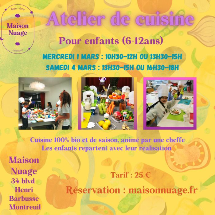 Atelier de cuisine pour enfants (6 à 12 ans) animés par une cheffe. Cuisine 100% bio et de saison. Les enfants repartent avec leur réalisation.