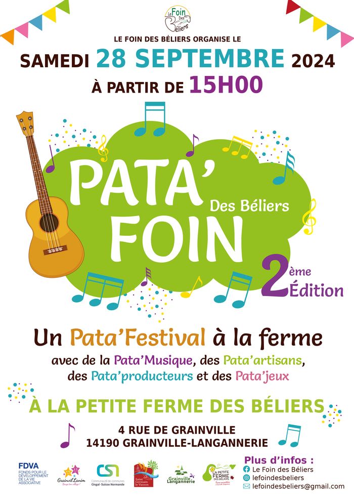 Pata'Festival avec de la pata'Musique, un Pata'Marché, des Pata'Animations, Des Pata'Visites et des Pata'Cinés à la petite ferme des Béliers le samedi 28 septembre à partir de 15h.