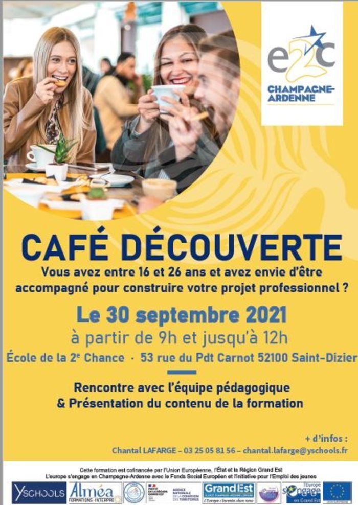 L'E2C organise un café découverte le 30/09 afin de proposer aux jeunes entre 16 et 26 ans un accompagnement dans leur projet professionnel