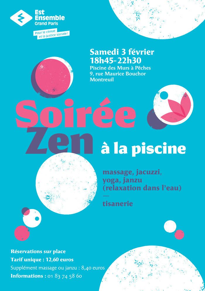 Une nouvelle soirée Zen vous est proposée cette fois à la piscine des Murs à pêches à Montreuil ! Offrez-vous un moment de bien-être intense : massage, jacuzzi, yoga, janzu (relaxation dans l'eau)...