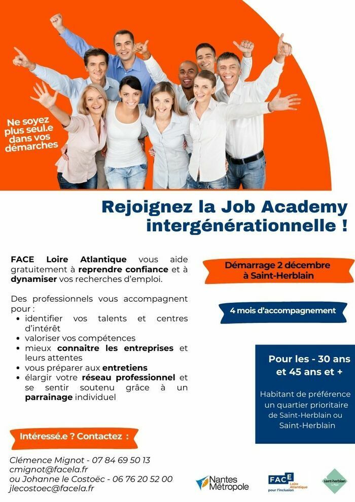 Vous avez + 45 ans ou - de 30 ans ? FACE Loire Atlantique vous aide gratuitement à dynamiser vos démarches d'emploi. Démarrage de la promotion le 2 déc. 2024 à Saint-Herblain. Contactez nous