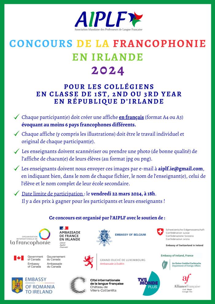 Concours d'affiches sur le thème de la francophonie pour les collégiens étudiant le français en République d'Irlande.