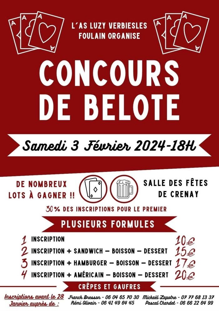 L’AS Luzy Verbiesles Foulain organise un concours de belote le samedi 3 Février 2024 à partir de 18H à la salle des fêtes de Crenay 
    Différentes formules, inscriptions avant le 28 janvier 2024 !!