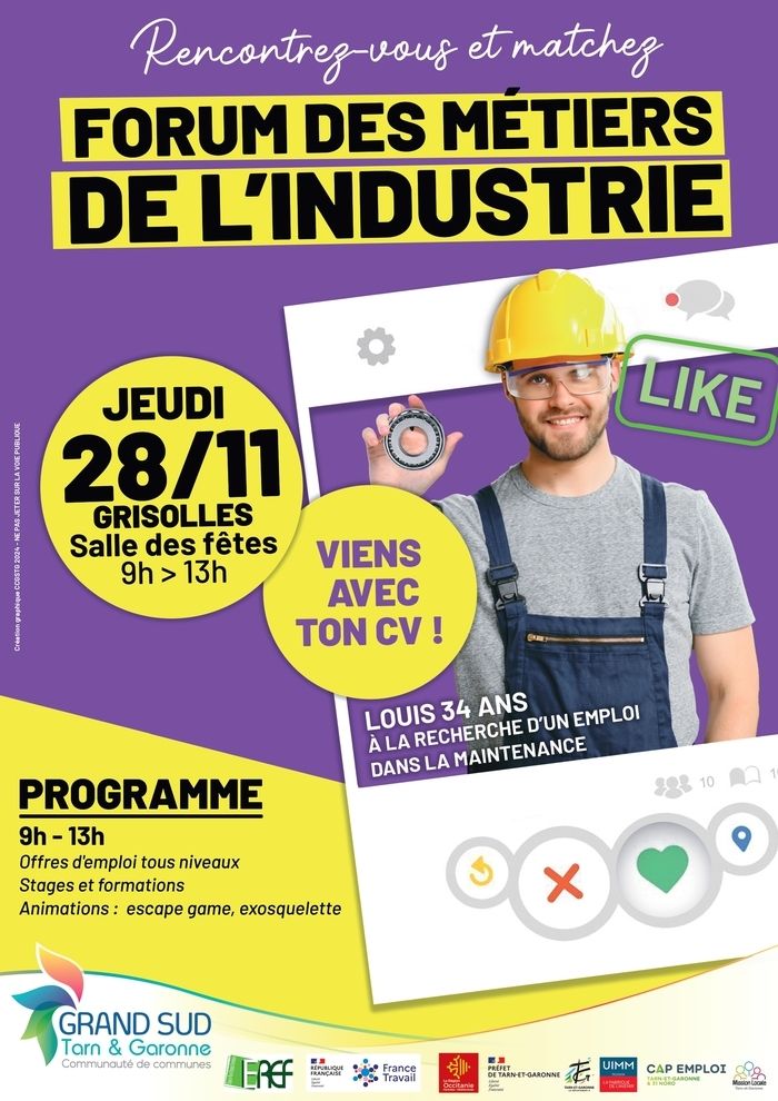 Le forum des Métiers de l'Industrie aura lieu le jeudi 28/11 à la salle des fêtes de Grisolles, de 9H à 13H, ouvert à tout public!