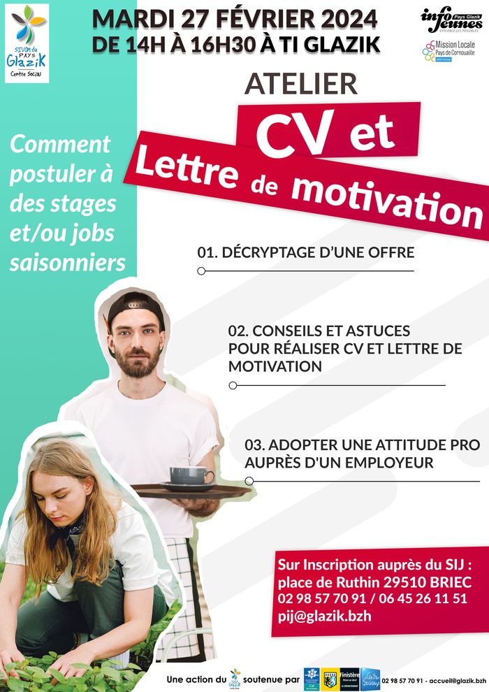 Décryptage d'une offre, conseils et astuces pour réaliser CV et lettre de motivation, adopter une attitude pro auprès d'un employeur : tel sera le contenu de cet atelier!