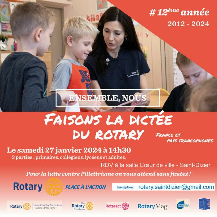 Participez à la 12ème édition annuelle de la dictée du Rotary le samedi 27 janvier 2024 à Saint-Dizier. Ouverte à toutes et à tous, cette dictée vise à lutter contre l'illettrisme.