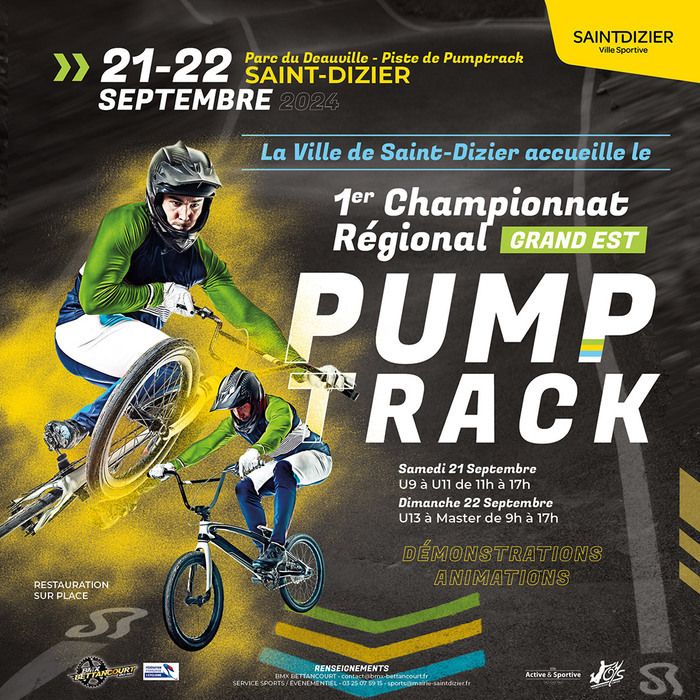 La Ville de Saint-Dizier accueille le 1er Championnat Régional de Pumptrack les 21 et 22 septembre 2024 au Parc du Deauville. Compétitions, démonstrations et animations.