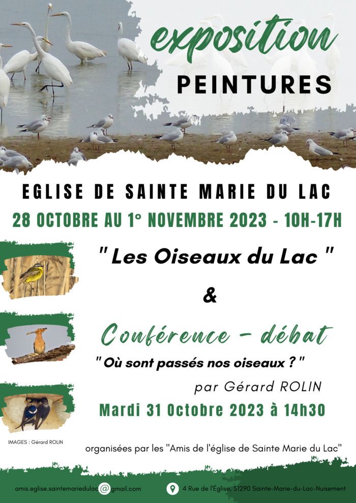 exposition de peintures sur le thème des "oiseaux du lac" et conférence sur la disparition des oiseaux familiers de nos contrées par un ornithologue local, Gérard ROLIN