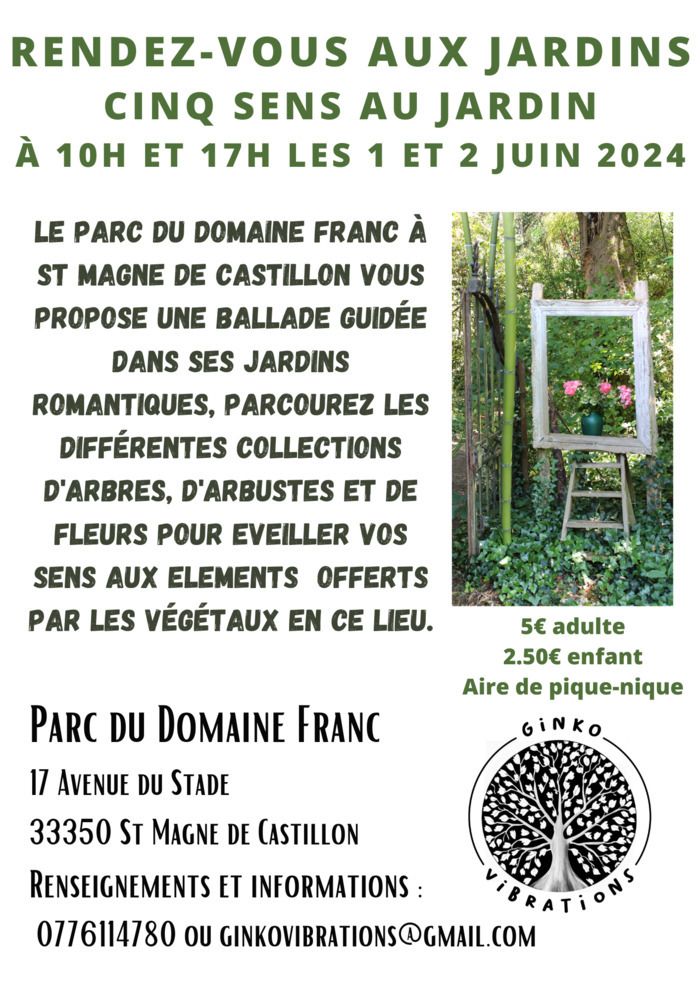 Sensorische Besichtigung der Gärten von Domaine Franc während einer geführten Wanderung von ca. 1 Stunde im romantischen Park! Entdecken Sie die verschiedenen Sammlungen von Bäumen, Sträuchern und Blu