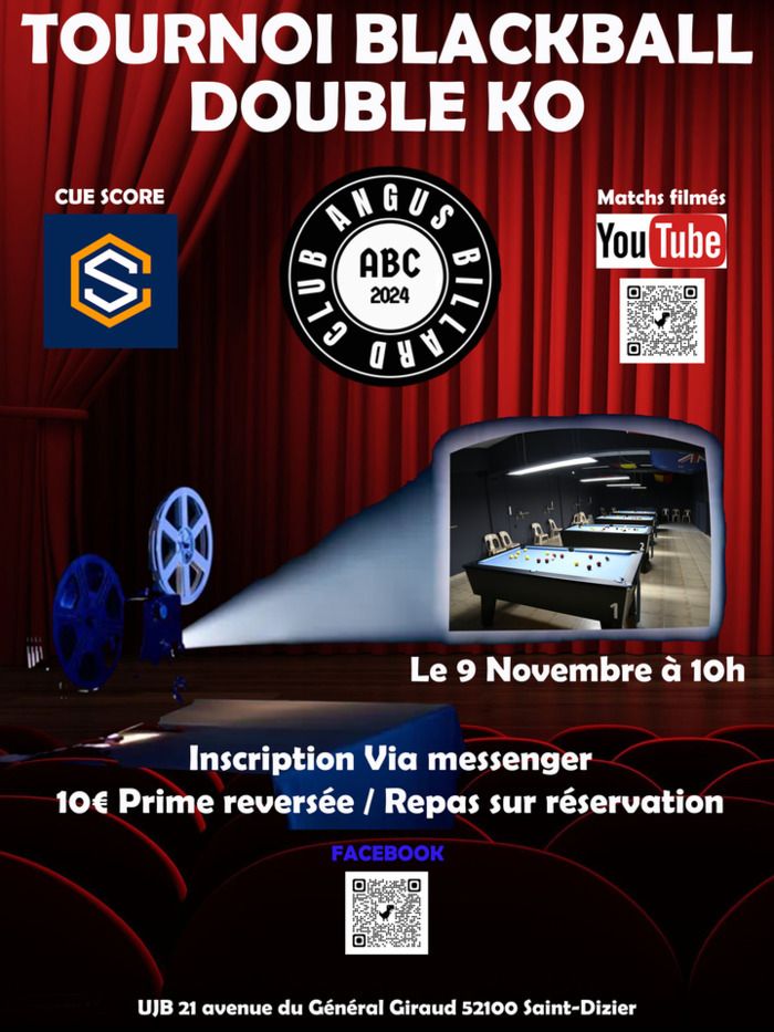 Participez au tournoi de Blackball Double KO organisé par l'Angus Billard Club. Matchs filmés, inscriptions via Messenger, 10€ reversés, repas sur réservation. Le 9 novembre à 10h.