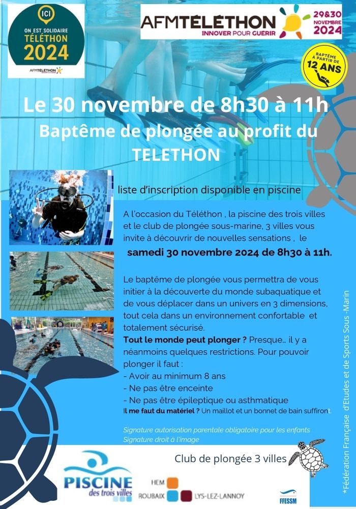 Découvrez la plongée sous-marine lors d’un baptême solidaire à la piscine des Trois Villes, le 30 novembre 2024. Sensations garanties, au profit du Téléthon !