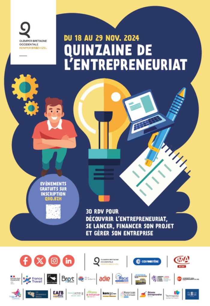 Du 18 au 29 novembre, Quimper Bretagne Occidentale organise la première édition de la Quinzaine de l’entrepreneuriat sur le territoire de l’agglomération.