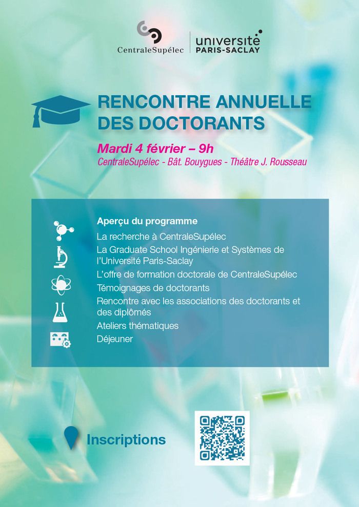 La Direction de la Recherche de CentraleSupélec organise une journée annuelle de rencontres à destination de tous les doctorants des laboratoires associés à CentraleSupélec mardi 4 février à 9h.