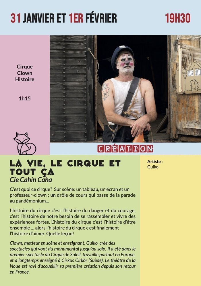 C’est quoi ce cirque?  Sur scène: un tableau, un écran et un professeur-clown ; un drôle de cours qui passe de la parade au pandémonium..