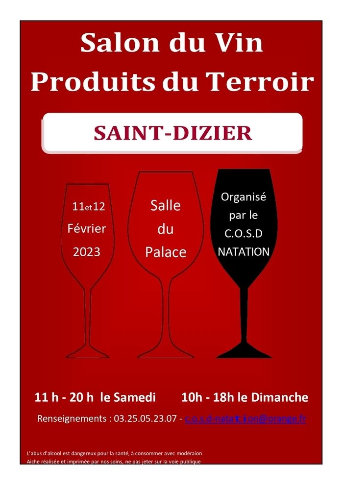 Le CO Saint-Dizier Natation organise son salon du vin les 11 et 12 Février 2023 : vins de toute la France et gourmandises sucrées et salées.