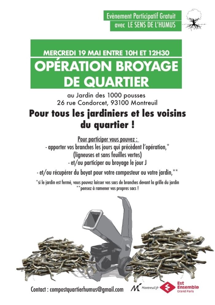 OPÉRATION BROYAGE DE QUARTIER AU JARDIN DES 1000 POUSSES - MERCREDI 19 MAI 2021 DE 10H00 à 12H30.