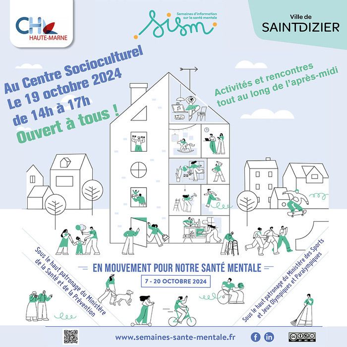 Participez à des activités et rencontres au Centre Socioculturel de Saint-Dizier le 19 octobre 2024, de 14h à 17h, dans le cadre des Semaines d'Information sur la Santé Mentale. Ouvert à tous !