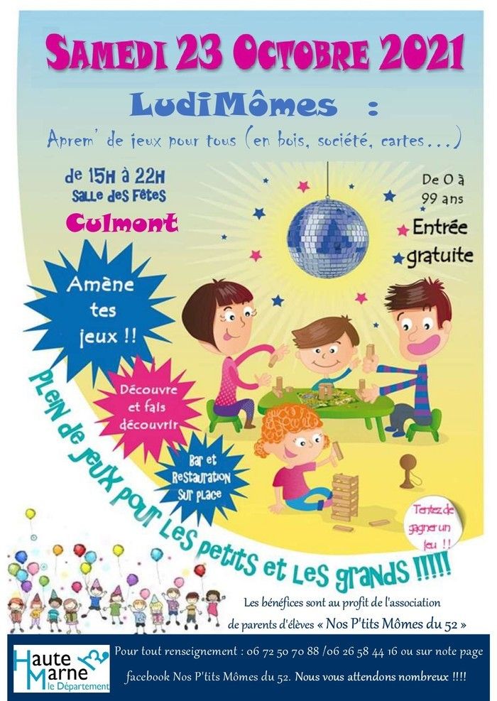 L'association de parents d'élèves Nos P'tits Mômes du 52 organise une après-midi / soirée de jeux samedi 23 octobre 2021 de 15h à 22h à la salle des fêtes de Culmont (52600). Venez vous amuser !!