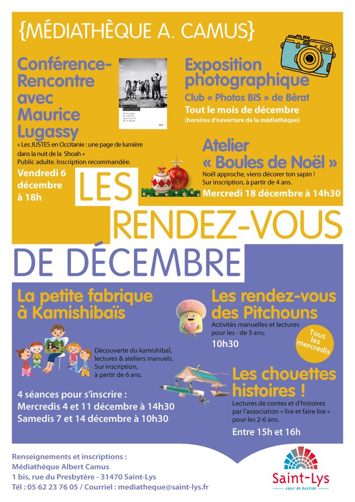 En décembre, la médiathèque Albert Camus, vous propose des atelier et lectures. Ne manquez pas la conférence du 6 décembre et l'exposition du club photo Bis tout le mois.