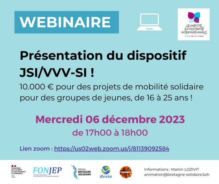 Le réseau Bretagne Solidaire présente les dispositifs JSI/VVV-SI du Fonjep, mercredi 06 décembre à 17h00 [en ligne].