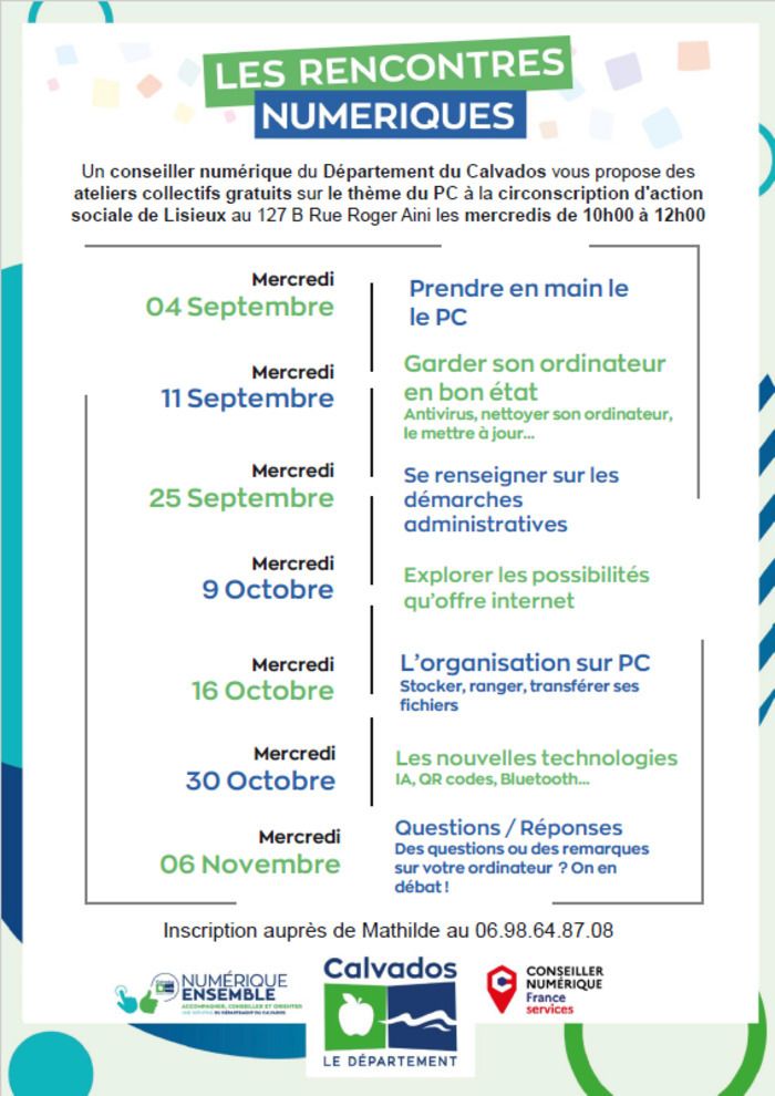 7 ateliers pour apprendre à utiliser son ordinateur portable sur la période de Septembre à Novembre à la circonscription de Lisieux.