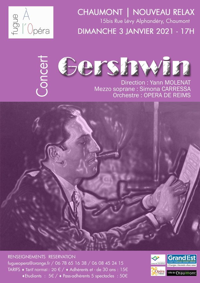 Cette soirée est un voyage dans l'œuvre de Gershwin. avec l'orchestre l'opéra de Reims - 22 musiciens( bois, cuivres, percussions) -   direction - Yann Molenat et la mezzo soprano - Simona Carressa