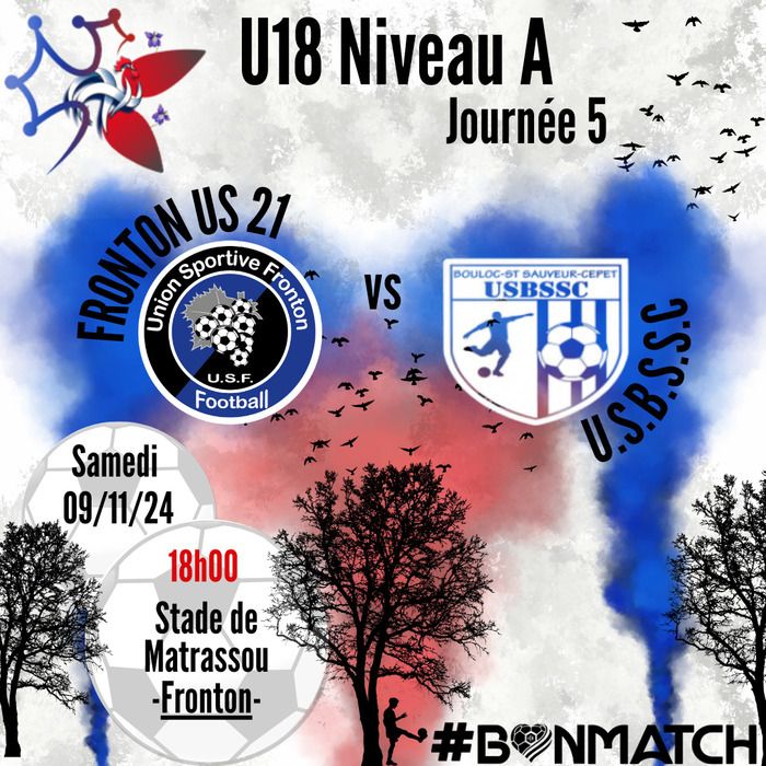 Venez voir nos U18 jouer contre l'Union Sportive de Bouloc, St Sauveur, Cepet ! Samedi 09 novembre à 18h00 !