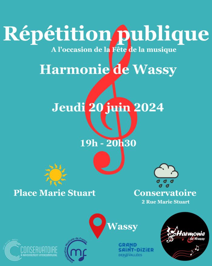 L'Harmonie de Wassy vous propose de venir nous écouter gratuitement lors d'une répétition ouverte au publique à l'occasion de la fête de la musique le 20 Juin à Wassy.