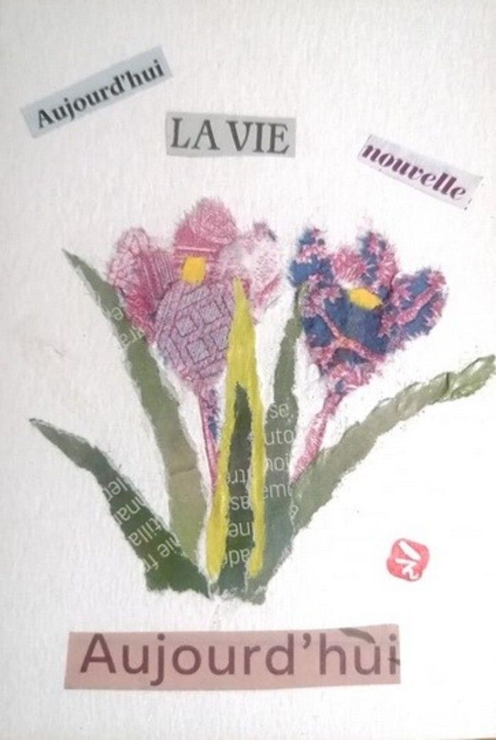 L'etegami consiste en une carte peinte d’un motif accompagné d’un message que l’on envoie à son entourage. Créez votre propre carte en papier déchiré (chirigi-e) sur le thème des fleurs de saison.