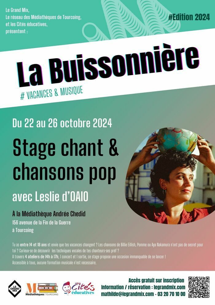 Un stage animé par Leslie d'OAIO autour du chant et des chansons pop, se déroulant du 22 au 26 octobre 2024, à la Médiathèque Andrée Chedid.